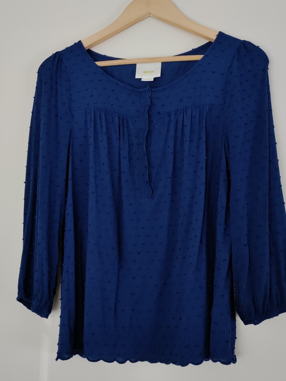 Maeve Anthropologie Swiss Dot Scalloped Hem 3/4 Sleeve Size 8 Blouse Top